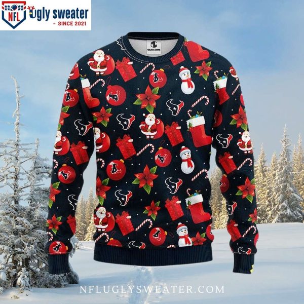 Houston Texans Poinsettia And Santa Ornament Ugly Xmas Sweater