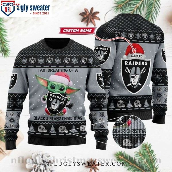 I Am Dreaming Of A Black And Silver Baby Yoda Raiders Ugly Christmas Sweater – Custom Name