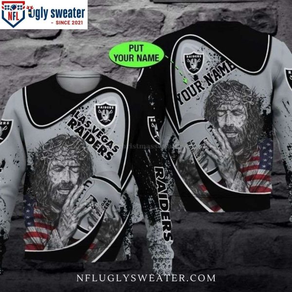 Jesus Holding the Football Las Vegas Raiders Ugly Christmas Sweater – Personalized With Your Name