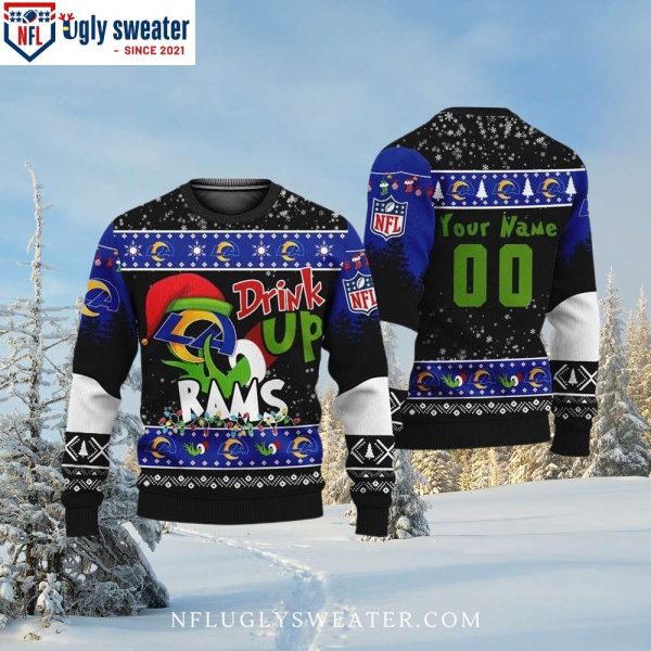 Los Angeles Rams Drink Up Grinch Ugly Christmas Sweater