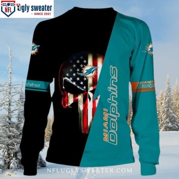 Miami Dolphins Christmas Sweater – Edgy Skull Logo Graphic