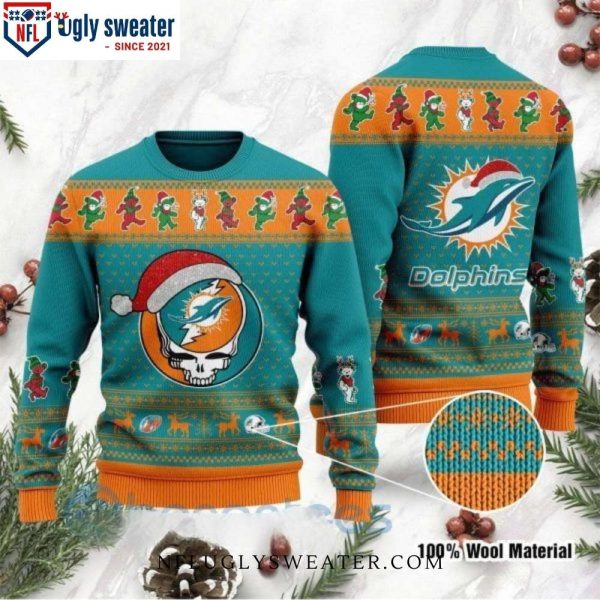 Miami Dolphins Christmas Sweater – Grateful Dead Skull And Bears Design