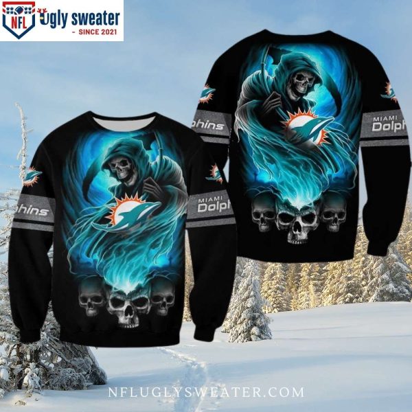 Miami Dolphins Cool Grim Reaper And Skull Ugly Christmas Sweater