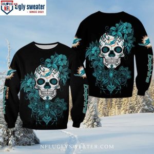 Miami Dolphins Sugar Skull Floral Ugly Christmas Sweater