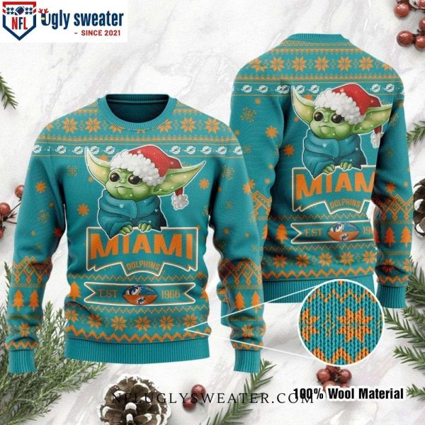 Miami Dolphins Ugly Christmas Sweater – Adorable Baby Yoda Grogu Design