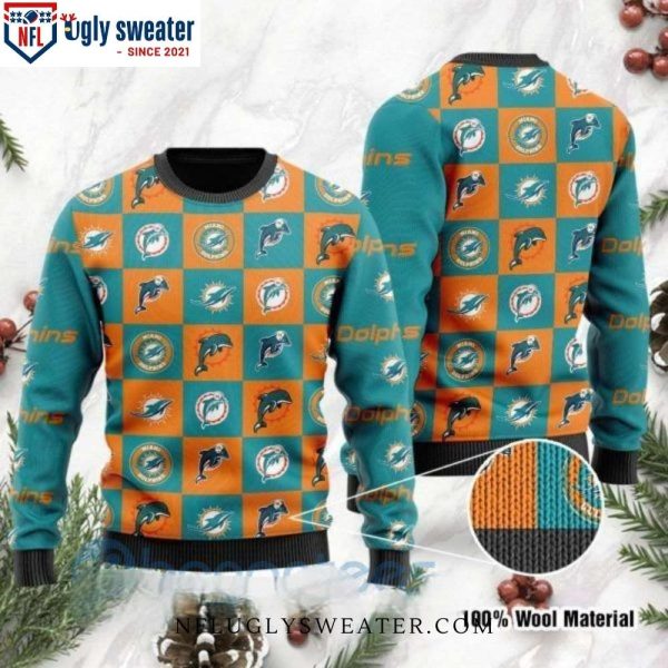 Miami Dolphins Ugly Christmas Sweater – Checkered Flannel Logo Design