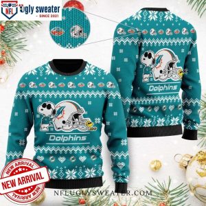 Miami Dolphins Ugly Christmas Sweater – Cute Snoopy Football Helmet Design