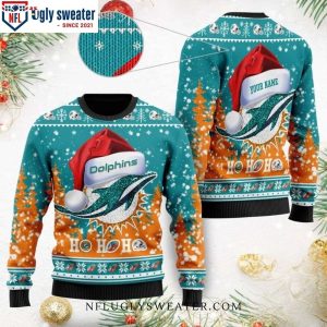 Miami Dolphins Ugly Christmas Sweater – Dolphins Symbol Santa Ho Ho Ho