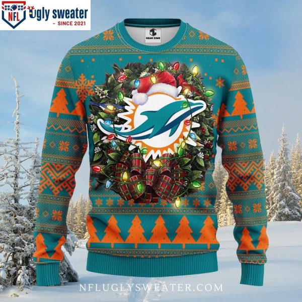 Miami Dolphins Ugly Christmas Sweater – Festive Logo With Christmas Hat Print