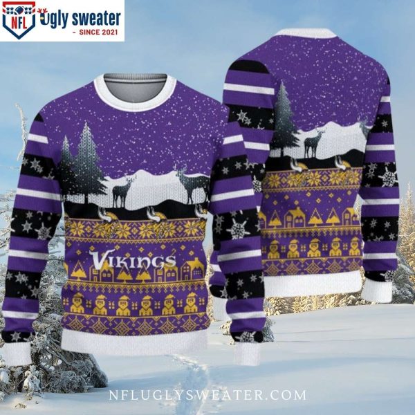 Minnesota Vikings Christmas Sweater – Logo Print Amidst A Snowy Pine Forest