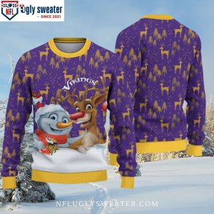 Mn Vikings Ugly Christmas Sweater – Logo Print With Snowman Reindeer Graphics