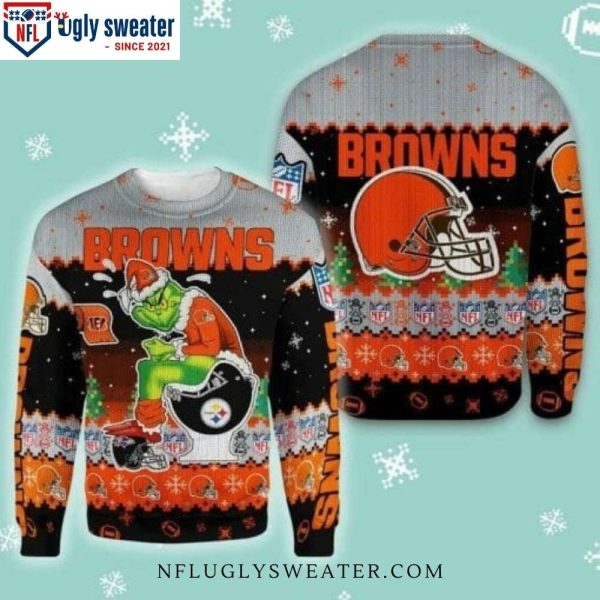 NFL Cleveland Browns Grinch Sits On Broncos Toilet Helmet Xmas Sweater