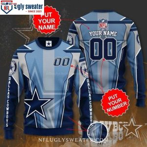 NFL Dallas Cowboys Logo Light Blue Grey Custom Name Ugly Christmas Sweater