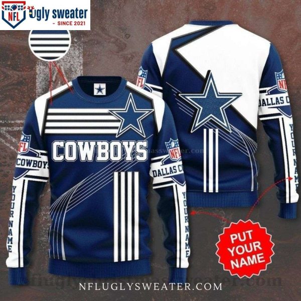 NFL Dallas Cowboys Xmas Sweater – Personalized Blue White Stripes Curve Ugly Christmas Sweater