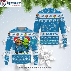 NFL Detroit Lions Logo Baby Groot And Grinch Ugly Christmas Sweater