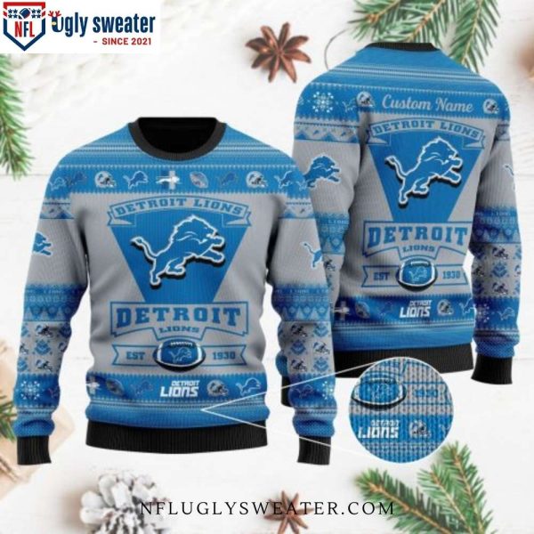 NFL Detroit Lions Team Logo Est 1930 Custom Name Ugly Christmas Sweater