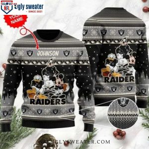 NFL Disney’s Donald Duck, Mickey Mouse, Goofy, And Your Name – Raiders Ugly Christmas Sweater