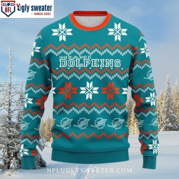 NFL Dolphins Ugly Christmas Sweater – Snowflake Logo Print