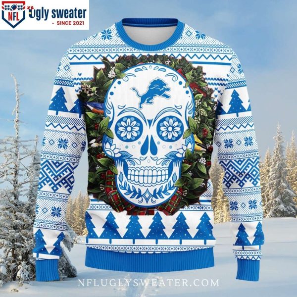 NFL Lions Ugly Christmas Sweater – Skull Flower Graphic Edition