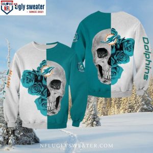 NFL Miami Dolphins Skull And Blue Rose Ugly Christmas Sweater