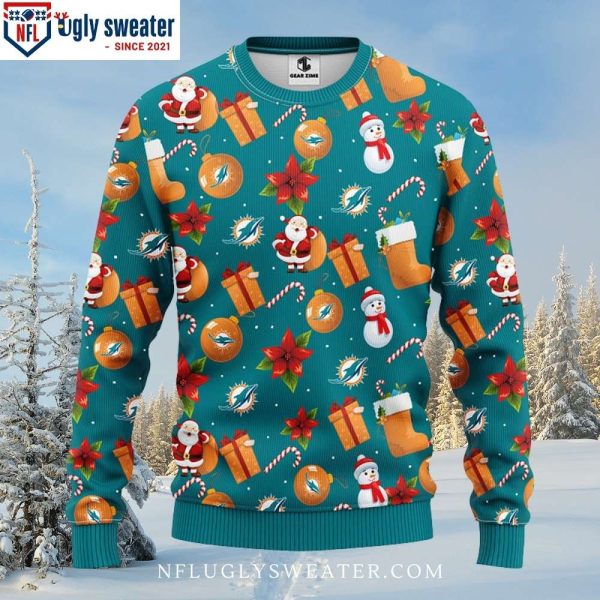 NFL Miami Dolphins Ugly Christmas Sweater – Santa Claus Snowman Logo Print