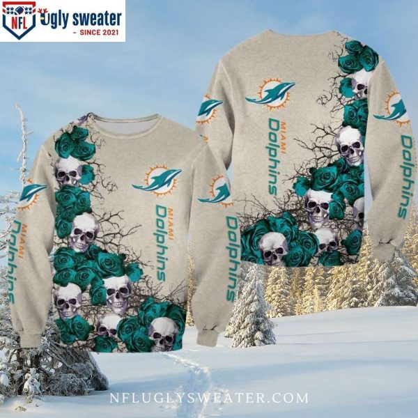 NFL Miami Dolphins Ugly Christmas Sweater – Skull Rose Graphic