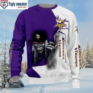 NFL Minnesota Vikings Ugly Sweater With Purple White Iron Maiden Pattern