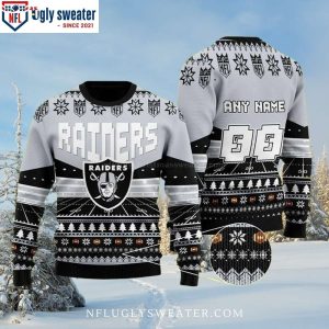 NFL Raiders Ugly Christmas Sweater Pine Tree And Snowflakes – Custom Name And Number