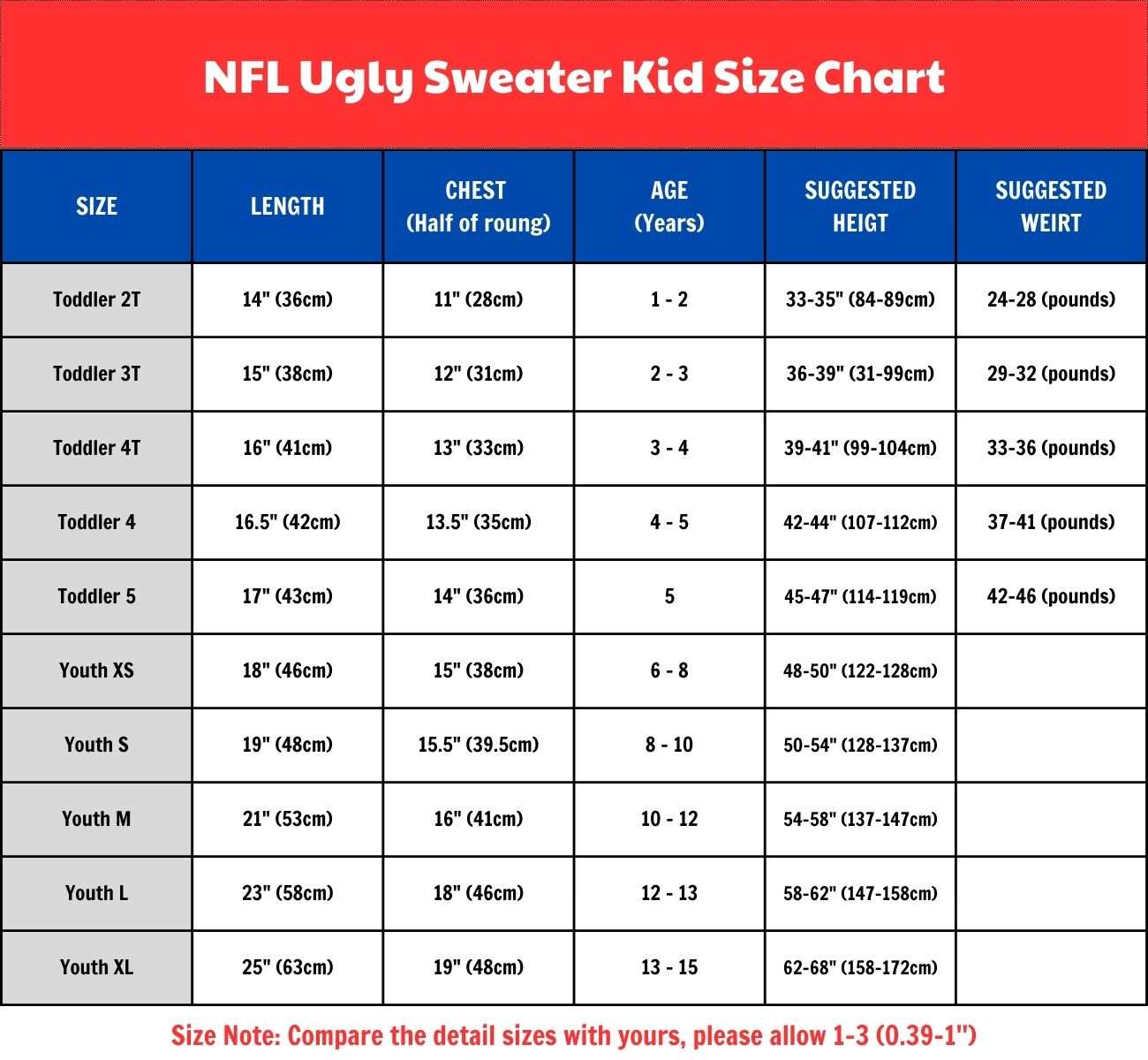 NFL Ugly Sweater Kid Size Chart 1