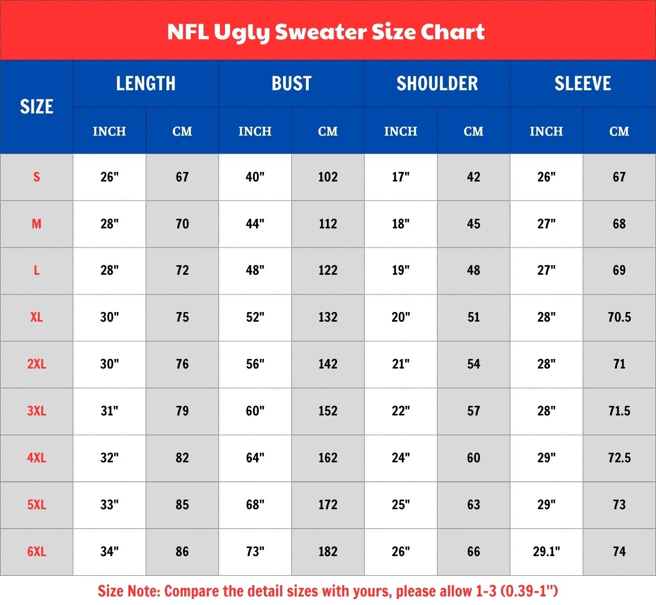 NFL Ugly Sweater Size Chart 1