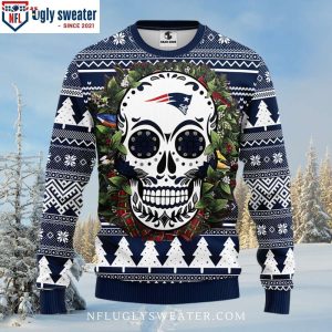 New England Patriots Logo Print Ugly Christmas Sweater Skull Flower Graphic 1