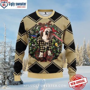 New Orleans Saints Bulldog Wreath Plaid Ugly Christmas Sweater