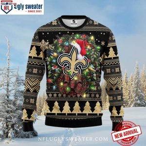 New Orleans Saints Festive Wreath Christmas Lights Ugly Sweater