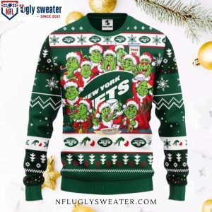 New York Jets 12 Grinch Xmas Day Ugly Xmas Sweater Green Mischief Design 1