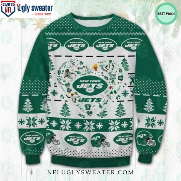 New York Jets Heart Logo Ugly Christmas Sweater – Festive Trees Design