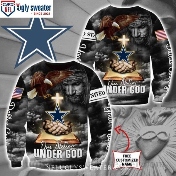 One Nation Under God Star In Jesus Hand – Dallas Cowboys Ugly Christmas Sweater