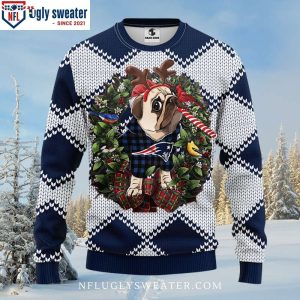 Patriots Ugly Christmas Sweater Quirky Pub Dog Design For Fans 1