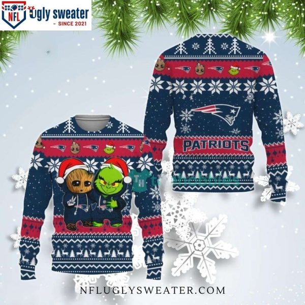 Patriots Ugly Christmas Sweater With Baby Groot and Grinch Design