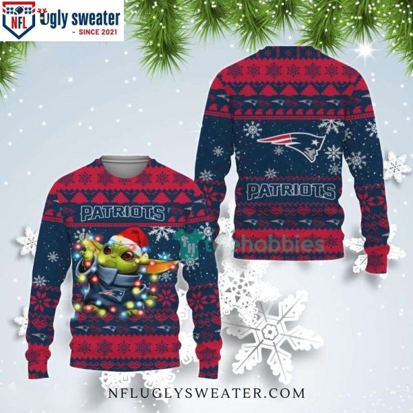 Patriots Ugly Christmas Sweater With Baby Yoda And Christmas Light Design