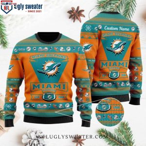 Personalized Miami Dolphins Ugly Christmas Sweater – Est 1966 Dolphins Logo