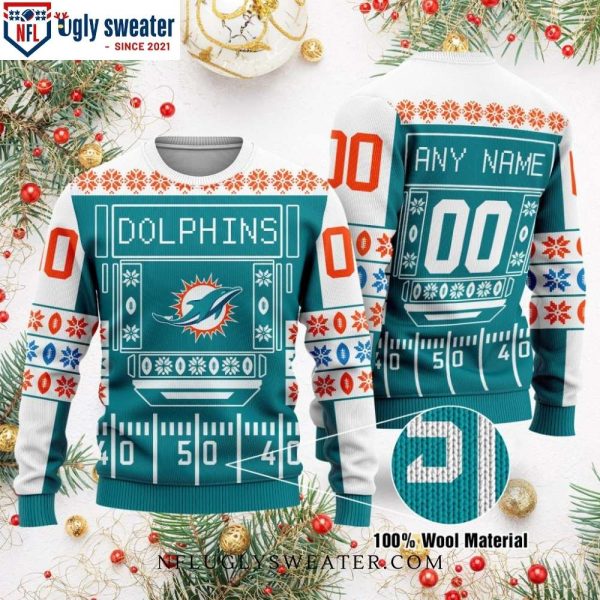 Personalized Miami Dolphins Ugly Christmas Sweater Rugby Stadium Motifs