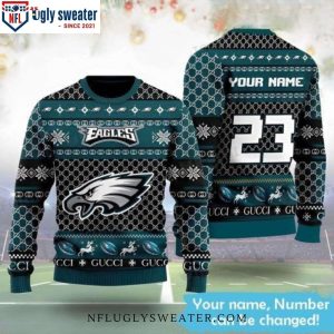 Philadelphia Eagles Gucci Pattern – Custom Name And Number Ugly Christmas Sweater