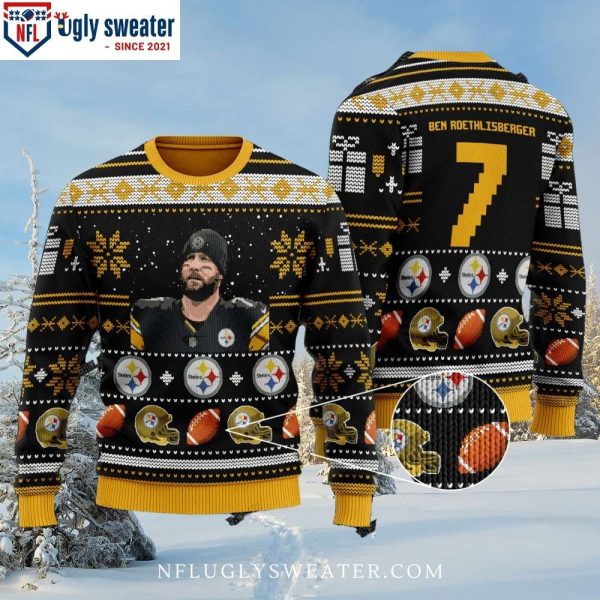 Pittsburgh Steelers Logo Print Ugly Christmas Sweater With Ben Roethlisberger