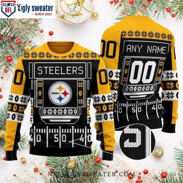 Pittsburgh Steelers Ugly Christmas Sweater – Logo With Custom Name, Number And Stadium Motifs