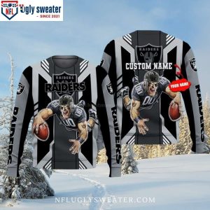 Players Holding The Football Las Vegas Raiders Ugly Christmas Sweater – Custom Name Edition