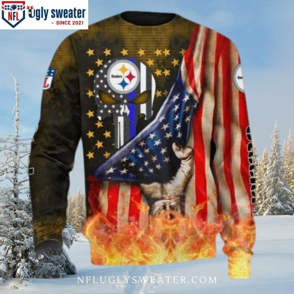 Pull Down American Flag Ugly Sweater – Patriotic Skull And Fire – Steelers Ugly Sweater