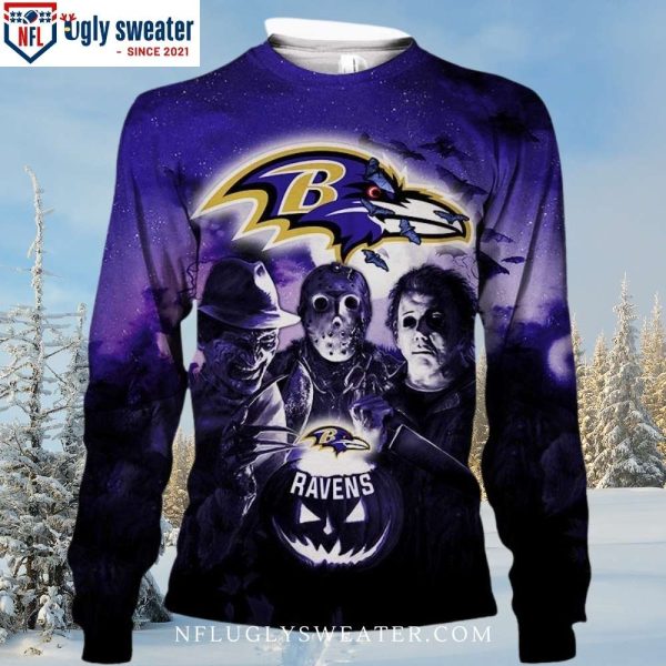 Ravens Spirit With Halloween Characters Ugly Christmas Sweater