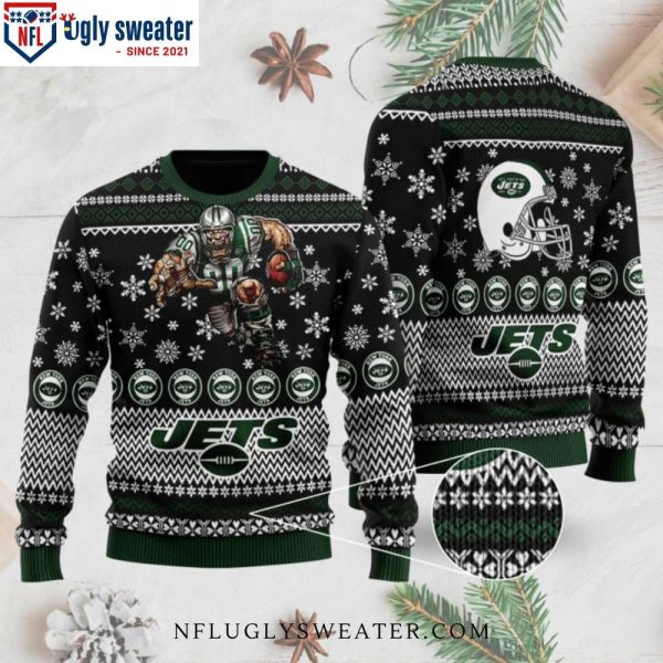 Rugged Football Player Jets Ugly Christmas Sweater – Fierce Snowy Battle