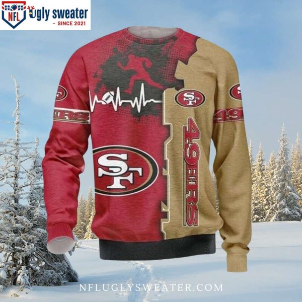 San Francisco 49ers Football Pulse Line Red And Gold Ugly Sweater