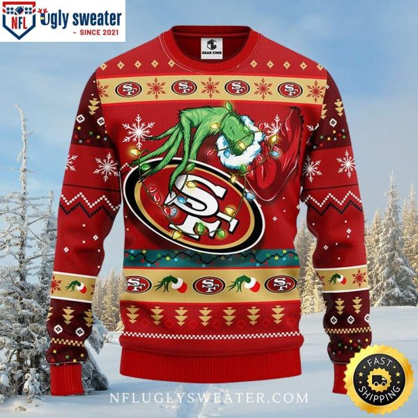 San Francisco 49ers Grinch Lights And Logo Ugly Christmas Sweater